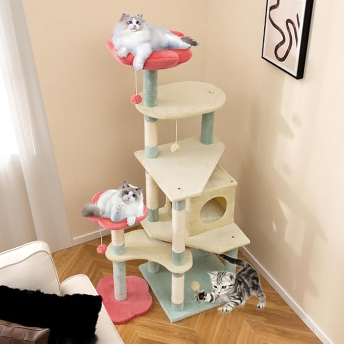 61" Floral Multi-Level Cat Tree Tower with Condo, Scratching Posts, Perches & Toys – Modern Cat Furniture for Indoor Cats, Beige/Blue/Red – Plush & Sisal, 33 lb Per Layer Capacity