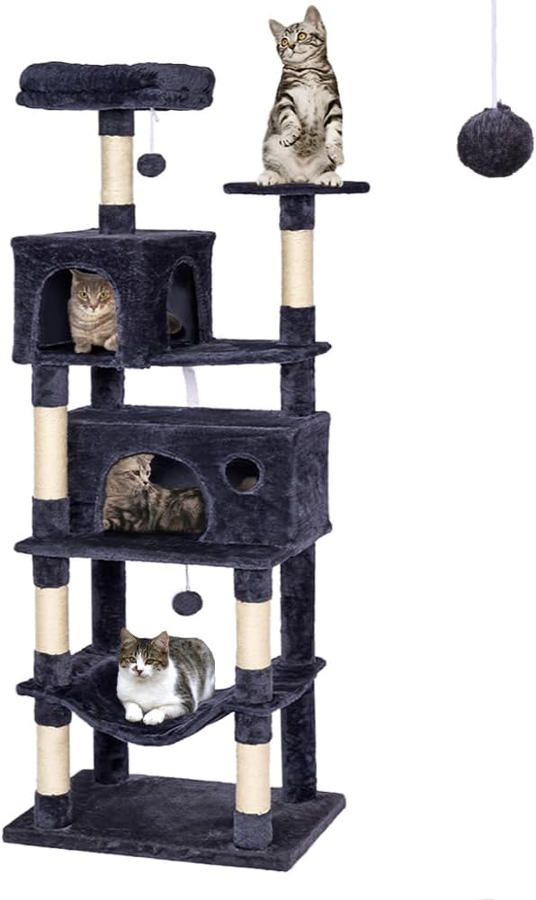Heavy Duty Cat Tree,67in Multi-Layered Tall Cat Tower for Indoor Large Adult Cats,XL Compact Cat Stand with Hammock,Sisal Scratching Post,Removable Plush Perch,Condo,Dark Gray (Dark Gray)