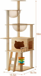Stylish Wooden Cat Tree Tower for Indoor Cats, Featuring Sisal Scratching Posts, Cozy Hammock, Elevated Perch and Sturdy Base Design (Natural+White + MDF-2)