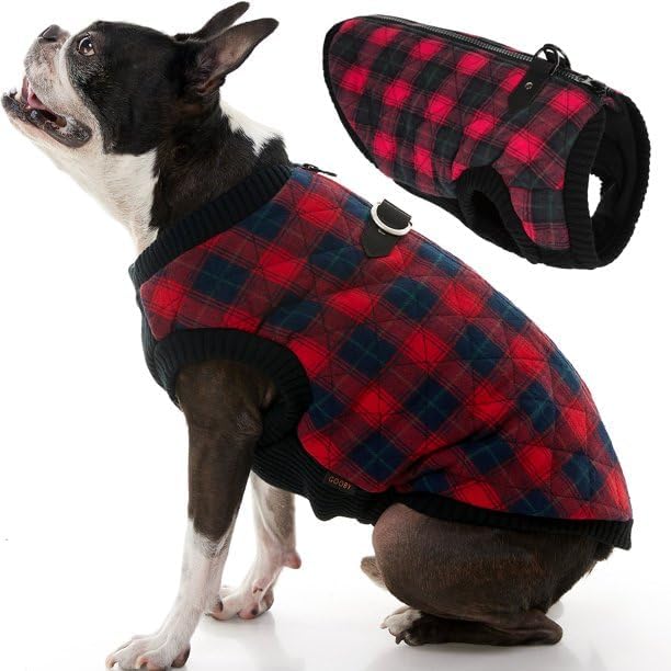 Gooby Fashion Vest Check Dog Jacket - Red Check, Large - Warm Zip Up Bomber Vest with Dual D Ring Leash - Winter Water Resistant Small Dog Sweater