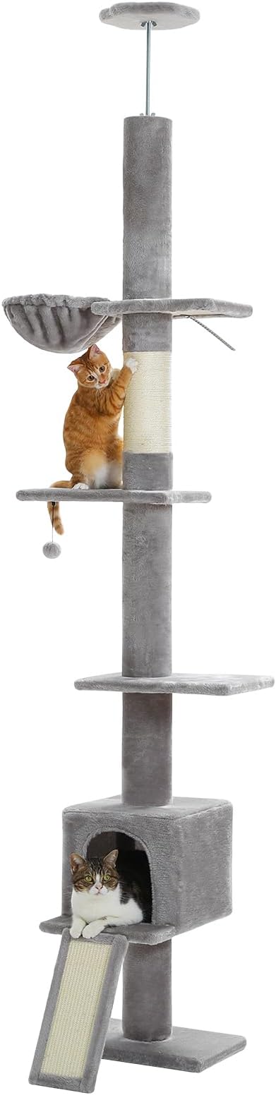 PEQULTI Cat Tree Floor to Ceiling, Tall Cat Tower, Adjustable Height (83''-108'') 5 Tiers Climbing Tree for Indoor Cats with Cat Condo, Scratching Post and Ladder, Grey