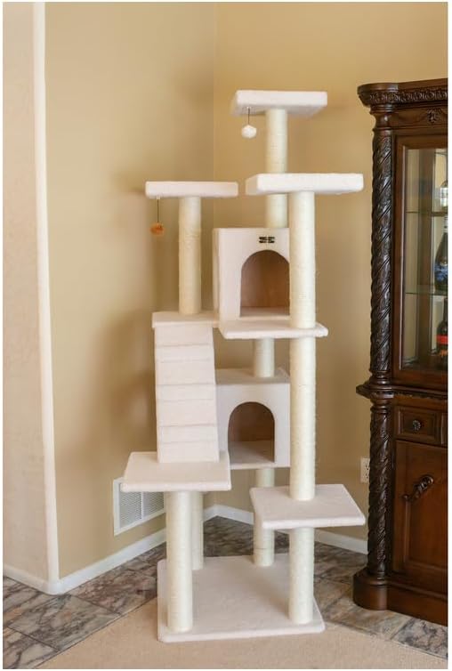 Cat Tree - Ivory Multi-Level Play Structure with Ramp & 2 Condos