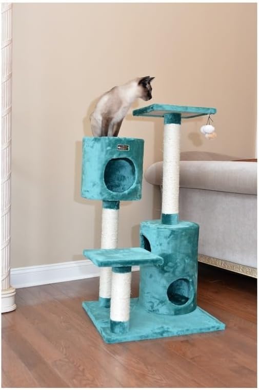 Cat Tree Condo - 3 Level House with 2 Playhouses & Perches - Dark Green Faux Fur