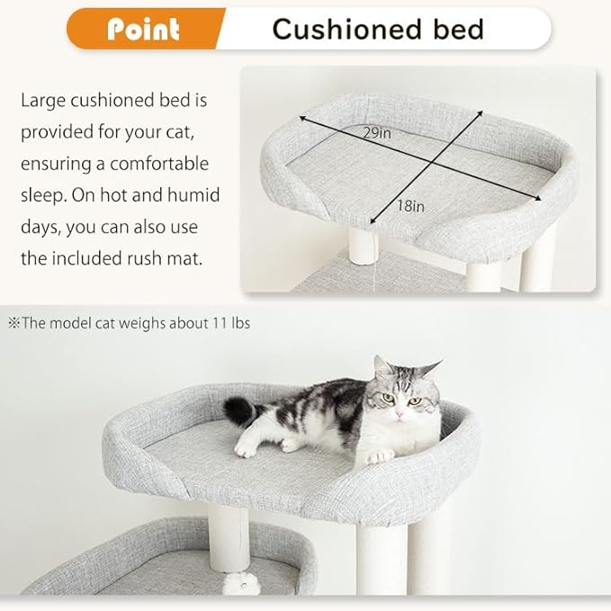 Mordern Cat Tree Tower 53'', Freestanding, Cushioned Bed, Large Base, for Multiple Cats, Compact,Winter and Summer Use, Summer Mat Included, for Large Cats (Light Gray 135cm)