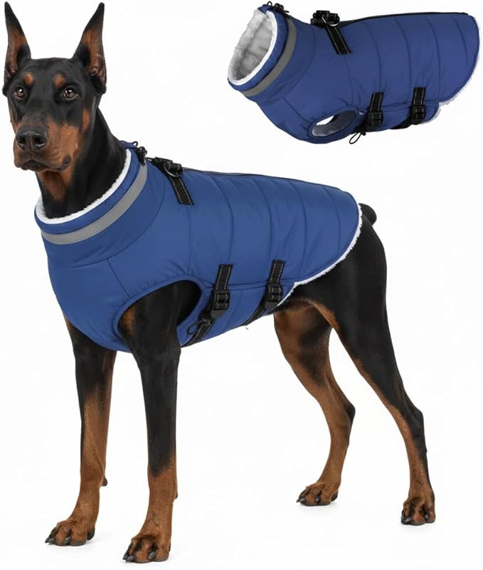 Mklhgty Large Dog Coat with Harness Built-in, Waterproof Reflective Fleece Lined - Warm Windproof Winter Jacket with Back Zipper, Cold Weather Snow Dog Coats - Blue - 2XL