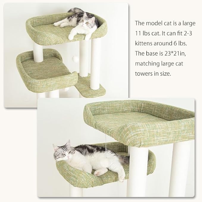 Mordern Cat Tree Tower, Freestanding, Cushioned Bed, Large Base, for Multiple Cats, Compact,Winter and Summer Use, Summer Mat Included, for Large Cats (Olive Green, Height 135cm)