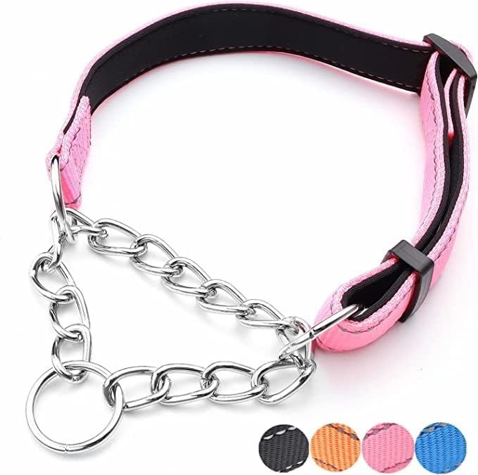 Martingale Dog Collar Wide 2.5CM(0.98inch) Reflective Nylon with Stainless Steel Chain Dog Collar Comfortable Soft M-(doginchs neck15-19inches)