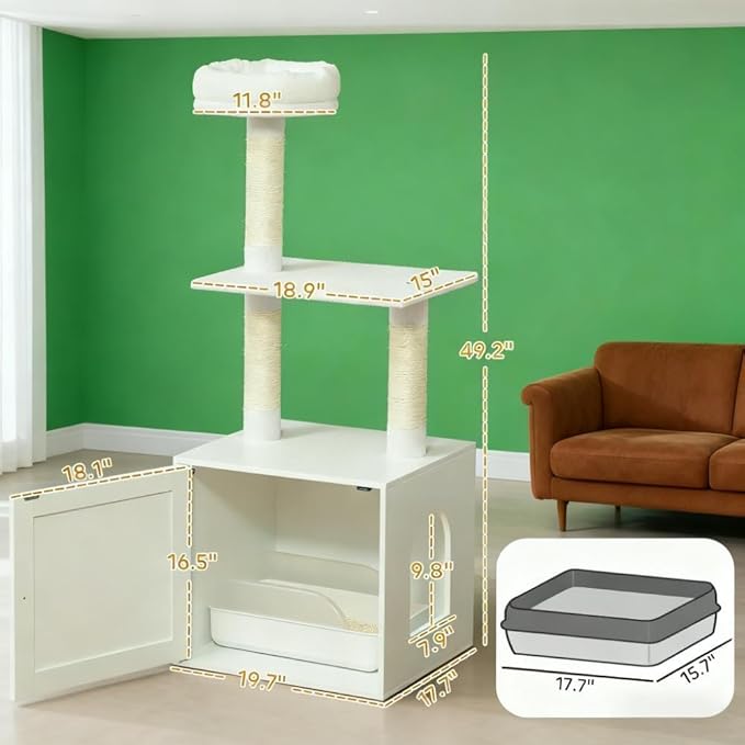 Stylish Cat Tree Tower with Sisal Scratching Posts, Cozy Condo, and Plush Perches for Climbing, Resting, and Play (White + MDF + Polyester)