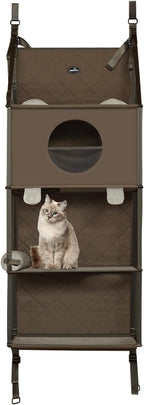 Door-Mounted Cat Climbing Frame 4-Tier Cat Tree for 2-3 Cats, Indoor Height Adjustable Cat Playhouse with Removable Toys and Pillow, Space-Saving Vertical Cat Ladder for Apartments and Small Homes
