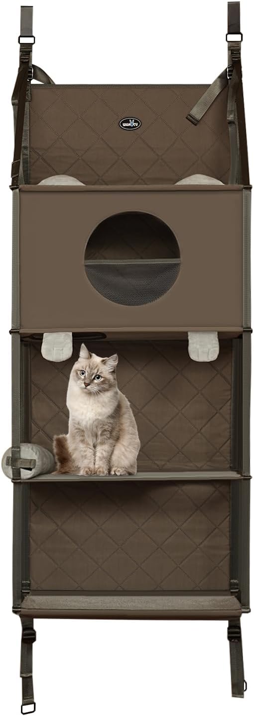 Door-Mounted Cat Climbing Frame 4-Tier Cat Tree for 2-3 Cats, Indoor Height Adjustable Cat Playhouse with Removable Toys and Pillow, Space-Saving Vertical Cat Ladder for Apartments and Small Homes