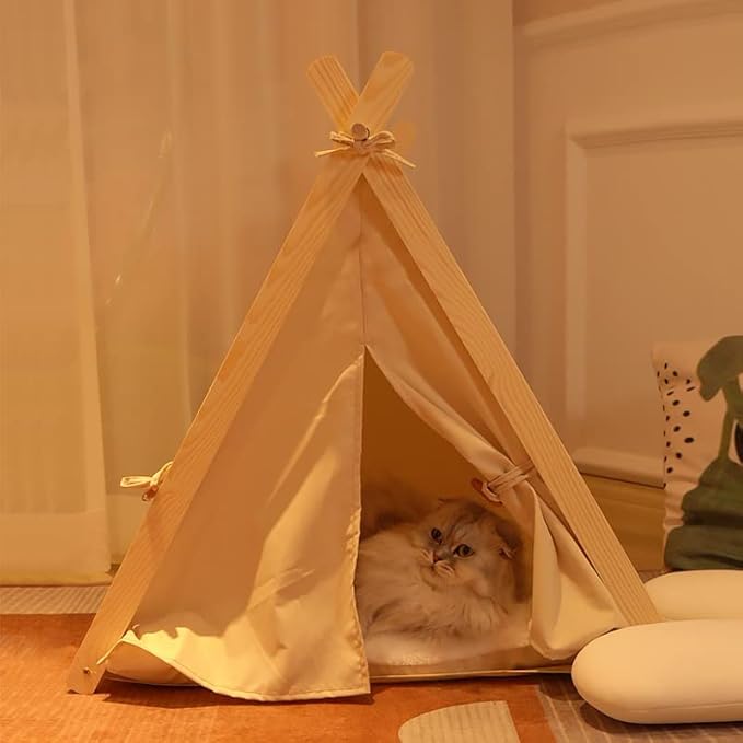 Solid Wood Indoor Pet Tent With Thick Mat - Portable Cat and Dog House Teepee, Cute Cave Bed (Off White)