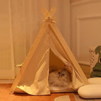 Solid Wood Indoor Pet Tent With Thick Mat - Portable Cat and Dog House Teepee, Cute Cave Bed (Off White)