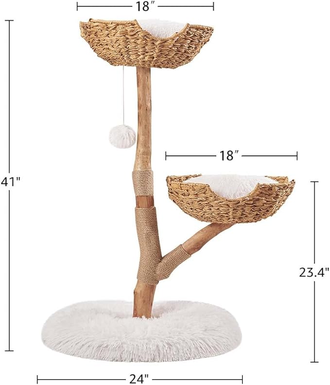 unipaws Wood Cat Tree Tower for Large Cats 20lbs, Updated Enlarge 24" Base with Dual Woven Baskets, 41" H Cat Activity Tree with Plush Cushions and Scratching Post