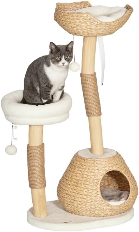 Cat Tree for Indoor Cats with Wooden Scratching Posts, Cat Condo, Washable Cat Beds & Toy Balls – Natural Cat Tower for Small Cats