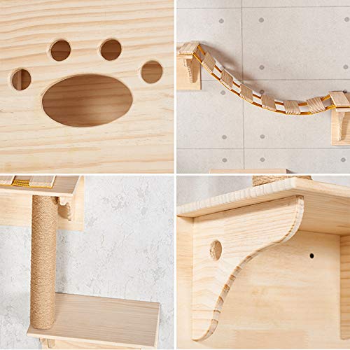 9pcs Wall Wood Climber Set - 2 Cat Condos Houses & 4 Shelves & 2 Ladders & 1 Sisal Cat Scratching Post Cat Steps, Perch & Bed