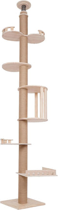 5 Tier Cat Tower Cat Tree with Scratching Posts, 100.4-104.3" Tall Cat Tree with Jumping Platforms, Ceiling-Mounted Wooden Cat Condo Perch for Indoor Small Large Cats Adult