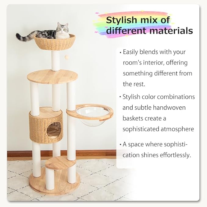 Wood Cat Tree for Large Cat, 57-Inch Tall Cat Tower with Scratching Post for Indoor Cats, Multi-Level Cat Condo with Hand-Woven Cat Bed and Acrylic Bowl Easy to Clean