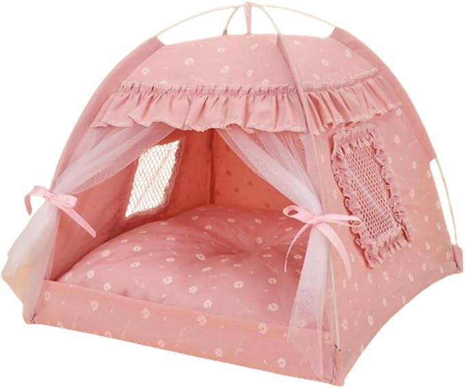 Selena Cat Bed Tents Dog House Indoor Outdoor Lace Mesh Breathable Windows Door Curtains Removable Portable Nest Teepe House (Large,Pink(Ruffled Teim))