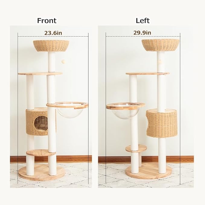 Wood Cat Tree for Large Cat, 57-Inch Tall Cat Tower with Scratching Post for Indoor Cats, Multi-Level Cat Condo with Hand-Woven Cat Bed and Acrylic Bowl Easy to Clean