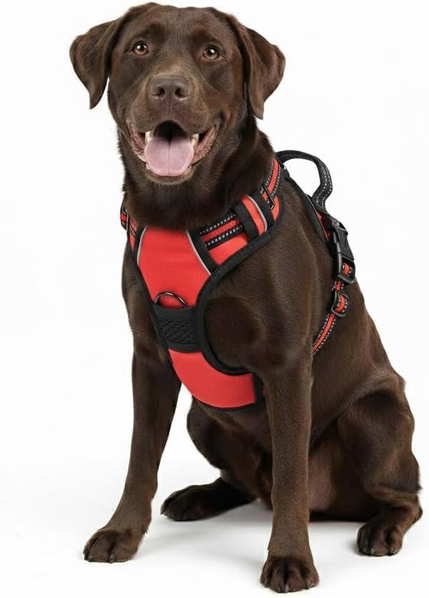 No Pull Dog Harness, Reflective Comfortable Vest Harness with Easy Control Handle Adjustable Soft Padded Pet Vest for Small to X-Large Dogs (Red, X-Large (Approx Weight:49.60-99.20 LB))