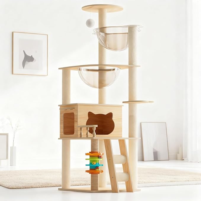 Stylish Wooden Cat Tree Tower for Indoor Cats, Featuring Sisal Scratching Posts, Cozy Hammock, Elevated Perch and Sturdy Base Design (Natural+White + MDF-2)