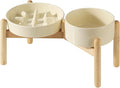 Ceramic 1.2 Cup Raised Slow Feeder Dog Bowl Set, Elevated 6.1inch Bowl and 7.3inch Slow Pet Food Dish with Wooden Stand for Small and Medium Dog (2 xLight Yellow+ Stand)
