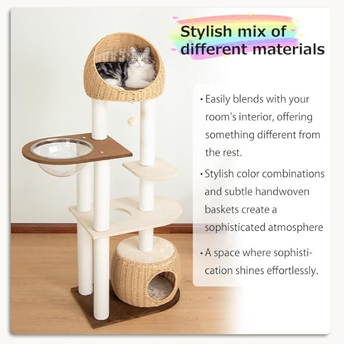 Modern Cat Tree for Large Cat, 60-Inch Tall Cat Tower with Scratching Post for Indoor Cats, Multi-Level Cat Condo with Hand-Woven Cat Bed and Acrylic Bowl