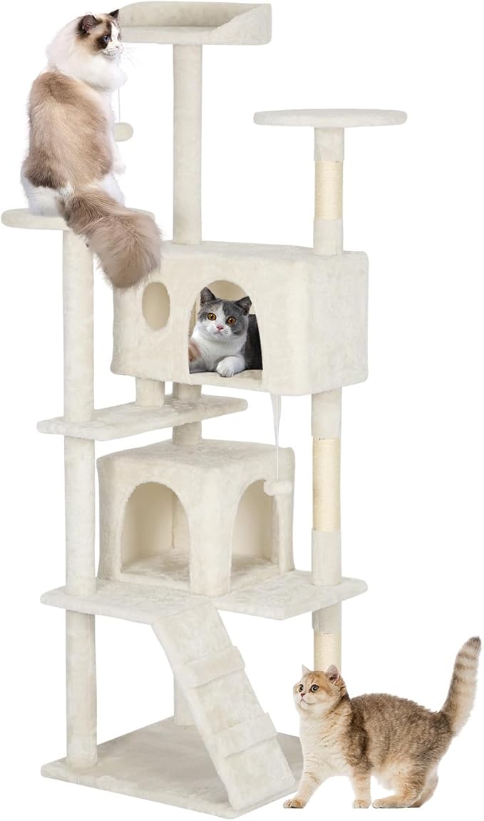 BestOffice 62 Inch Cat Tree, Multi-Level Cat Tower with Condo, Perches, Sisal Scratching Posts, Climbing Ladder,Indoor Activity Center Play House for Kittens & Adult Cats, Beige