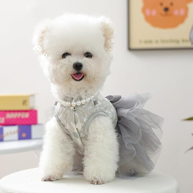 ANIAC Gray Dog Dress for Small Dogs Female,Bow Knot Girl Puppy Clothes with Detachable Pearl Necklace, Elegant Cat Dress, Formal Pet Pary Outfit for Wedding Birthday Valentines (Gray, X-Large)