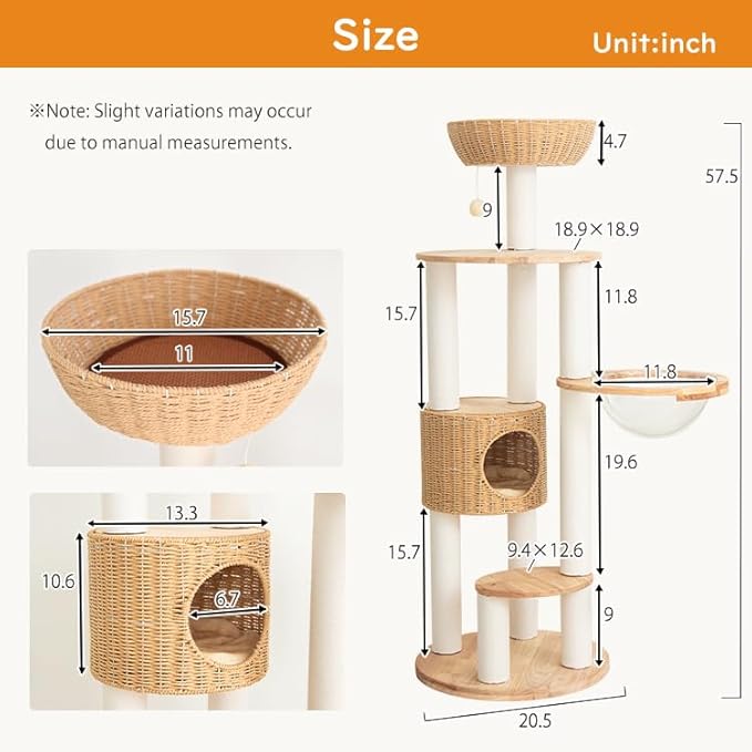 Wood Cat Tree for Large Cat, 57-Inch Tall Cat Tower with Scratching Post for Indoor Cats, Multi-Level Cat Condo with Hand-Woven Cat Bed and Acrylic Bowl Easy to Clean