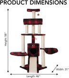Multi-Level Cat Tree with Natural Sisal Scratching Posts, Plush Condo, Perches and Hanging Toy, Red Buffalo Plaid, 58" Height