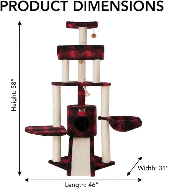 Multi-Level Cat Tree with Natural Sisal Scratching Posts, Plush Condo, Perches and Hanging Toy, Red Buffalo Plaid, 58" Height