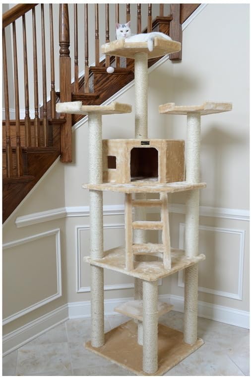 Maykoosh Cat Tree Tower with Condo & Perches - Beige Faux Fur - Sisal Scratching