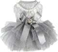 ANIAC Gray Dog Dress for Small Dogs Female,Bow Knot Girl Puppy Clothes with Detachable Pearl Necklace, Elegant Cat Dress, Formal Pet Pary Outfit for Wedding Birthday Valentines (Gray, X-Small)