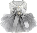 ANIAC Gray Dog Dress for Small Dogs Female,Bow Knot Girl Puppy Clothes with Detachable Pearl Necklace, Elegant Cat Dress, Formal Pet Pary Outfit for Wedding Birthday Valentines (Gray, X-Small)