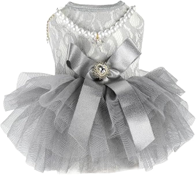 ANIAC Gray Dog Dress for Small Dogs Female,Bow Knot Girl Puppy Clothes with Detachable Pearl Necklace, Elegant Cat Dress, Formal Pet Pary Outfit for Wedding Birthday Valentines (Gray, Small)