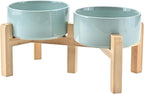 SPUNKYJUNKY Elevated Dog Bowls Ceramic, 6.1'' Dogs and Cat Food Water Bowls Raised with Non-Slip Bamboo Stand for Medium Sized Breed Microwave Dishwasher Safe - 28.7 OZ,Light Green