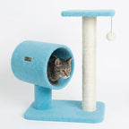 Cat Tree with Scratching Post and Tunnel, Blue Velvet, Natural Sisal Post, 24x14x26 Inches, with Hanging Toy Ball