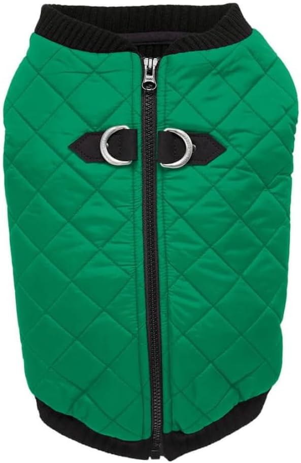 Gooby Fashion Vest Dog Jacket - Green, Medium - Warm Zip Up Bomber Vest with Dual D Ring Leash - Winter Water Resistant Small Dog Sweater