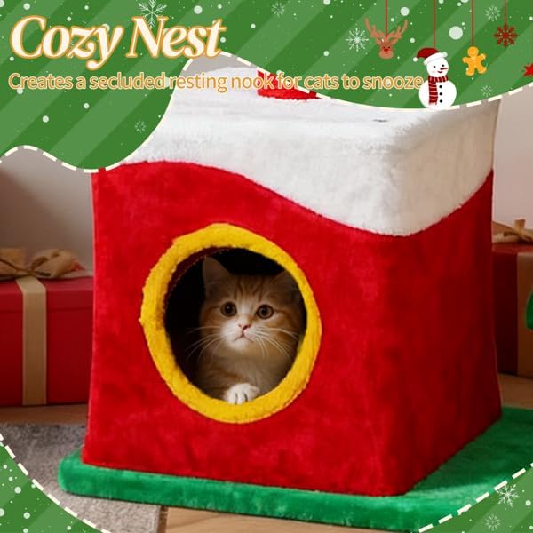 29.5in Christmas Plush Cat Tree, Multi-Level Cat Tower with Condo, Crown Perch & Sisal Posts, Festive Cat Activity Center for Indoor Small Cats, Holiday Cat Furniture Gift