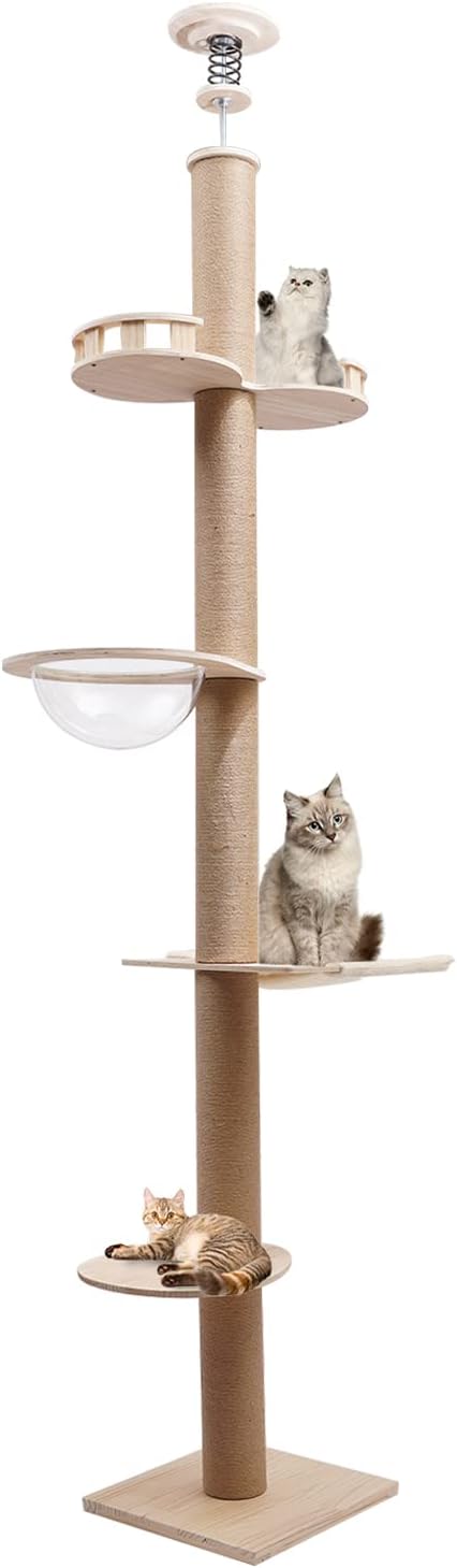 Floor to Ceiling Cat Trees, 104" Height Cat Tower with Natural Sisal Rope Scratching Post/Pedal/Hammock Cat Bed for Indoor Cats Large Adult, Modern Tall Cat Activity Tree