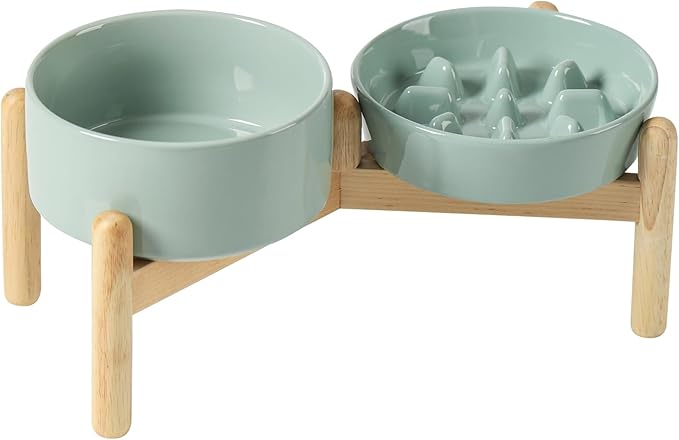 Ceramic 0.9 Cup Raised Slow Feeder Dog Bowl Set, Elevated 6.1inch Slow Dish and 6.1inch Water Bowl with Wooden Stand for Small Dogs (2 x Light Green+ Stand)
