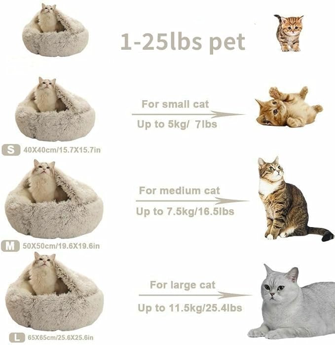 Cat Bed Round Fluffy Hooded Cat Bed Cave, Anti-Anxiety Cave Bed with Hooded Blanket, Cozy Cuddler Luxury Puppy Pet Bed, Anti-Slip Bottom and Machine Washable (Brown, Medium)