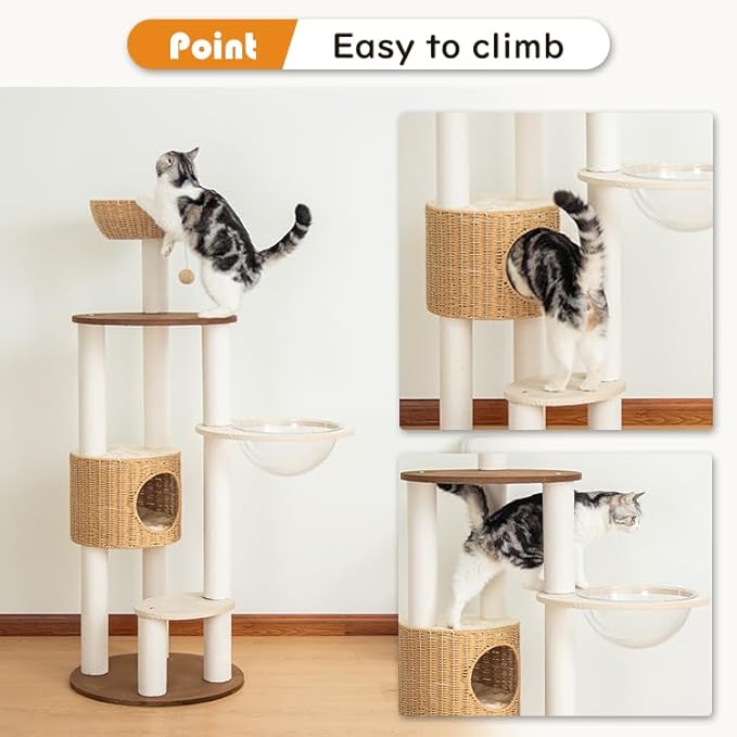 Wood Cat Tree for Large Cat, 57-Inch Tall Cat Tower with Scratching Post for Indoor Cats, Multi-Level Cat Condo with Hand-Woven Cat Bed and Acrylic Bowl Easy to Clean