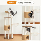 Wood Cat Tree for Large Cat, 57-Inch Tall Cat Tower with Scratching Post for Indoor Cats, Multi-Level Cat Condo with Hand-Woven Cat Bed and Acrylic Bowl Easy to Clean