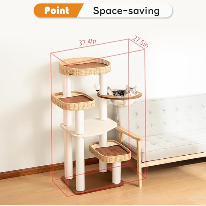 Modern Cat Tree for Large Cat, 48-Inch Tall Cat Tower with Scratching Post for Indoor Cats, Multi-Level Cat Condo with Hand-Woven Cat Bed and Acrylic Bowl