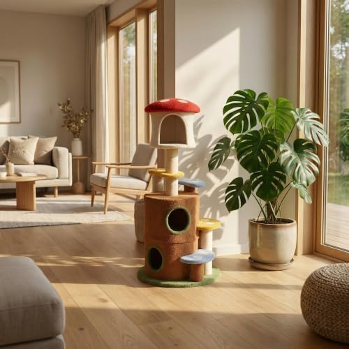 Mushroom Cat Tree with Cozy Condo & Scratching Ladder – 59" Multi-Level Play Tower