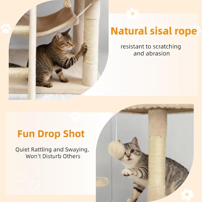 Cat Tree 60.63 inches Cat Tower for Indoor Cats, Multi-Level Cat Condo Furniture with Scratching Posts, Plush Perches, Activity Center with Cozy Basket & Hammock for Cats(Beige)