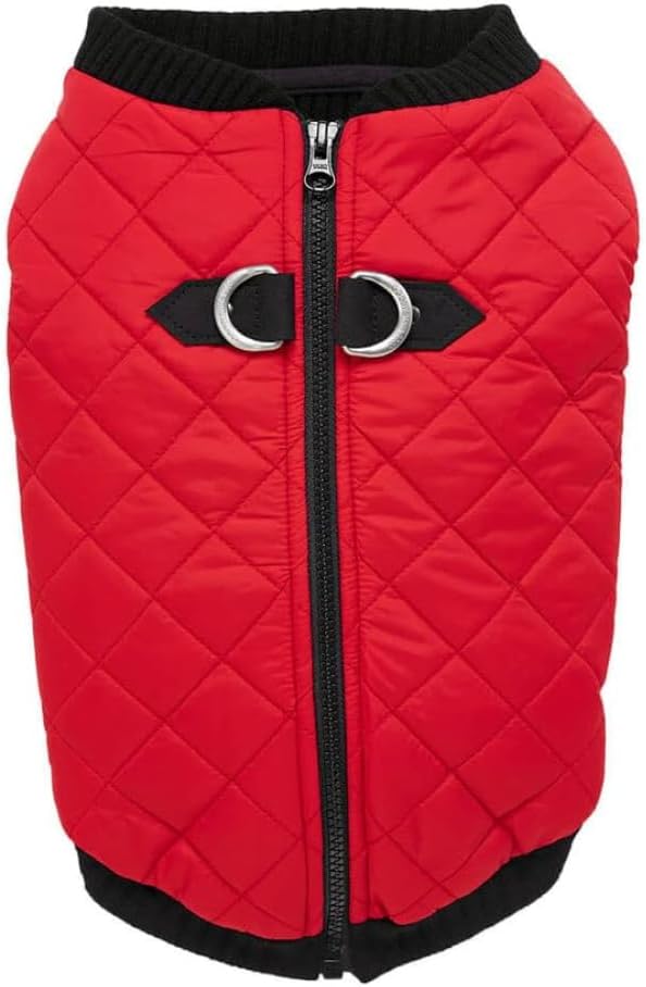 Gooby Fashion Vest Dog Jacket - Red, Small - Warm Zip Up Bomber Vest with Dual D Ring Leash - Winter Water Resistant Small Dog Sweater
