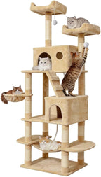 Pawly 70" Extra Tall Cat Tree with Dual Hammocks & Enlarged Condos, Premium CARB P2-Compliant Particle Board, 350G Plush Natural Sisal Cat Tower for Big Cats & Multi-Cat Families, Beige